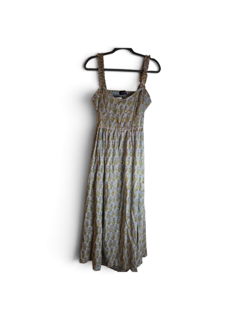 fab'rik Sage Green Paisley Maxi Dress with Tan Smocked Straps